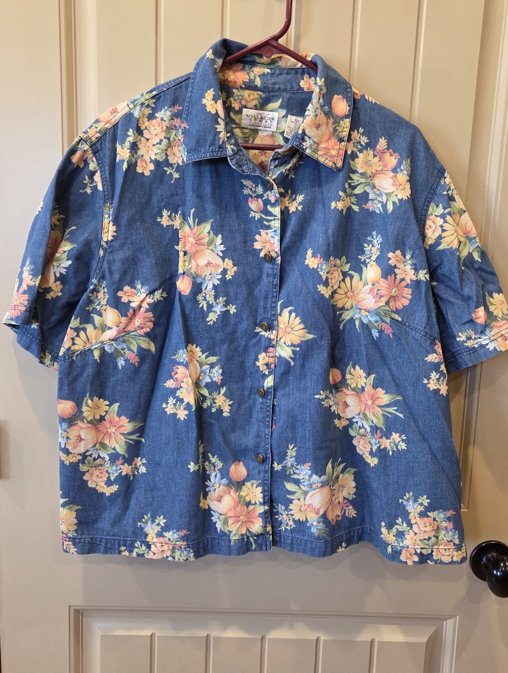 Vintage Villager Sport Signature Floral Denim Shirt Plus Size 20W 90s Liz